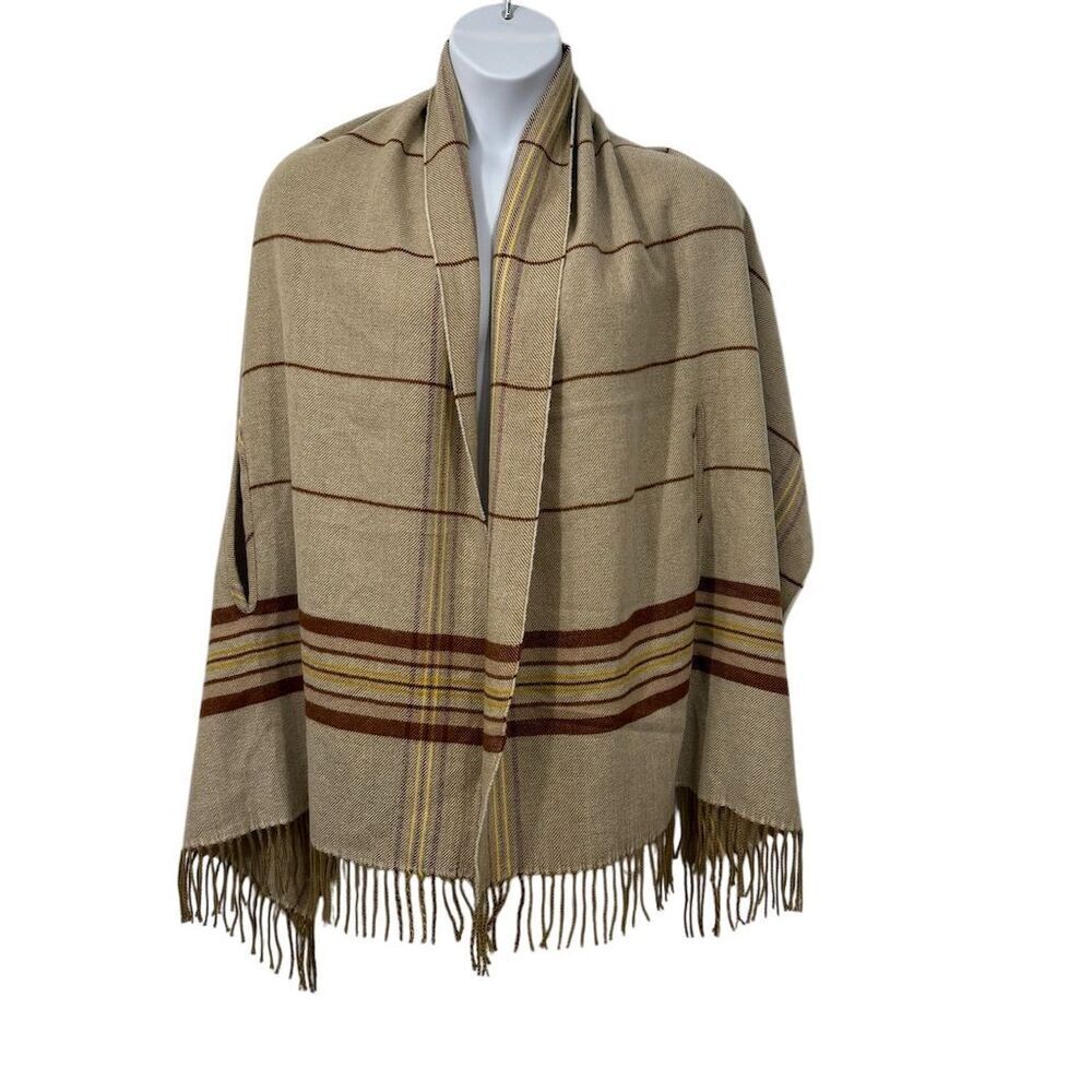 Madewell Plaid Fringe Ruana Poncho Shawl Scarf Wrap Tan Rust Yellow Soft Cozy